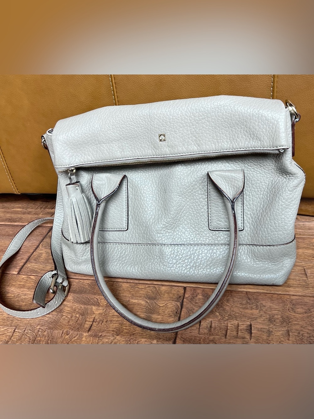 kate spade Pebbled Leather Laptop Tote Crossbody Work Bag Gray Large